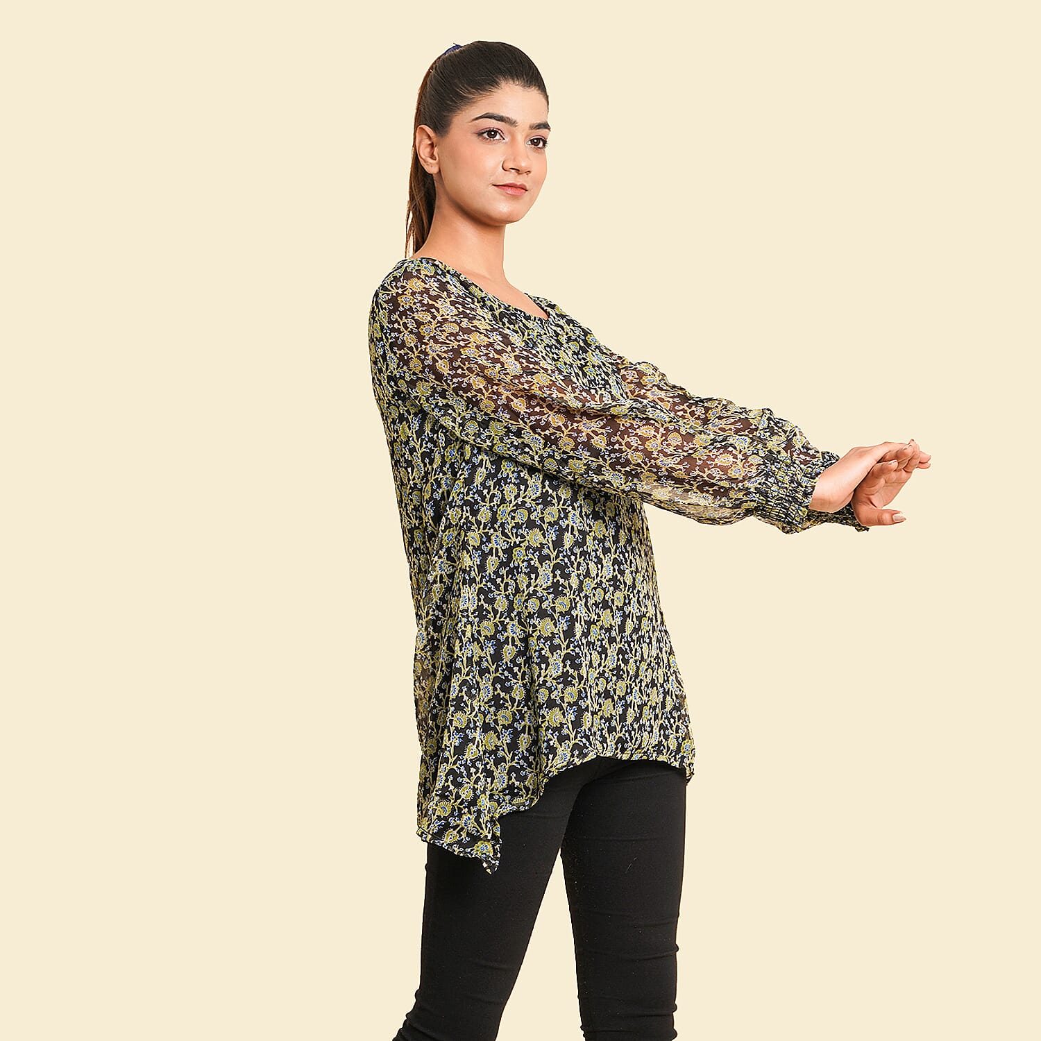 TAMSY Floral Pattern Top (Size 18) - Green - Black