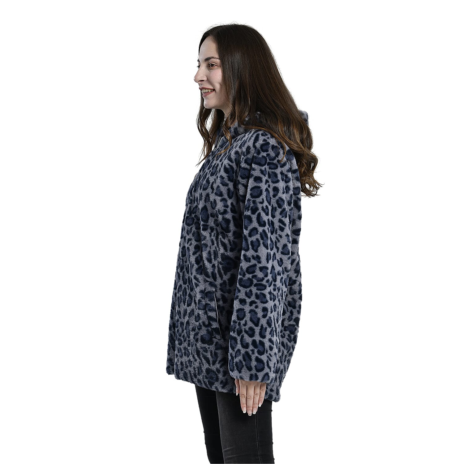 TAMSY Leopard Pattern Faux Fur Long Sleeved Hooded Coat (Size M, 12-14) - Grey