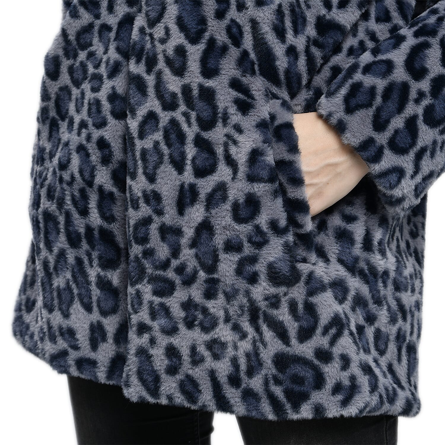 TAMSY Leopard Pattern Faux Fur Long Sleeved Hooded Coat (Size M, 12-14) - Grey