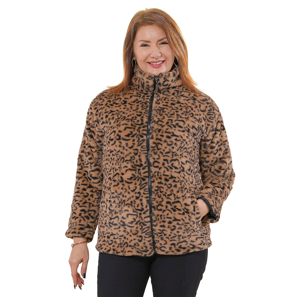 TAMSY Leopard Pattern Faux Fur Coat (Size XL)  - Brown