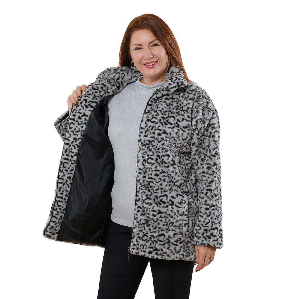 TAMSY Leopard Pattern Faux Fur Coat (Size L 16 to 18)  - Grey