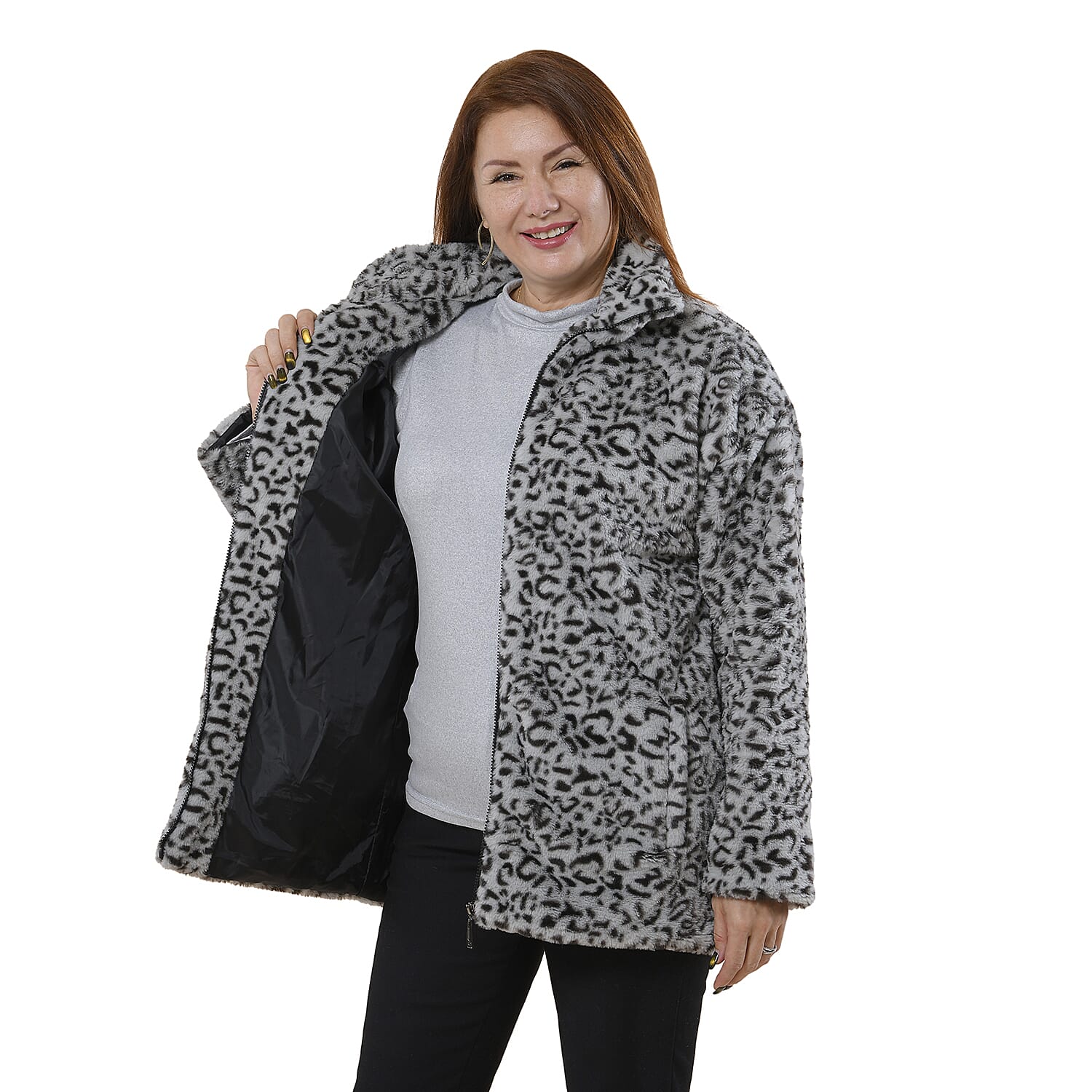 TAMSY Leopard Pattern Faux Fur Coat (Size L 16 to 18)  - Grey