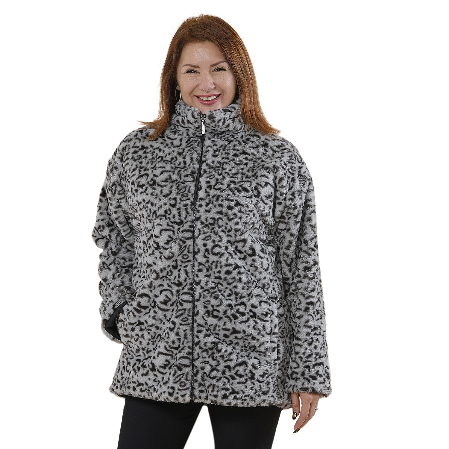 TAMSY Leopard Pattern Faux Fur Coat (Size M 12 -14)  - Grey