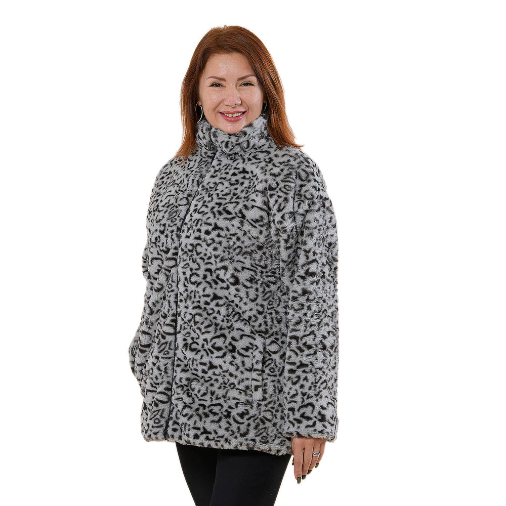 TAMSY Leopard Pattern Faux Fur Coat (Size M 12 -14)  - Grey