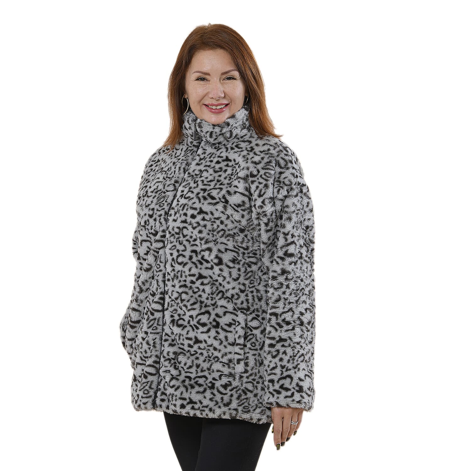 TAMSY Leopard Pattern Faux Fur Coat (Size M 12 -14)  - Grey