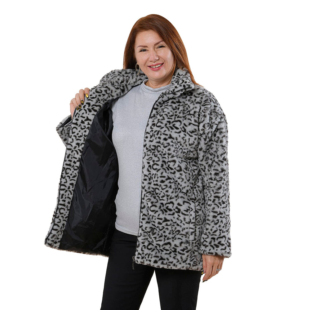 TAMSY Leopard Pattern Faux Fur Coat (Size S)  - Grey