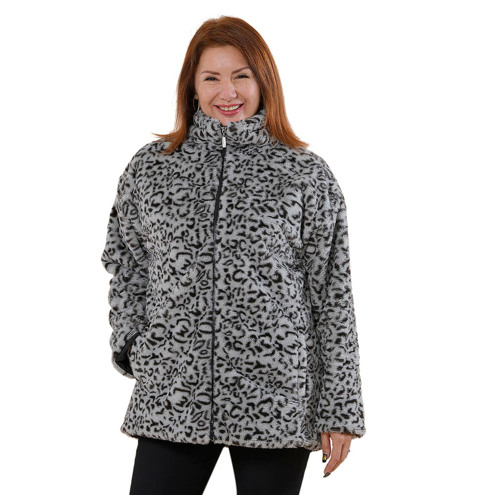 TAMSY Leopard Pattern Faux Fur Coat (Size XXL)  - Grey