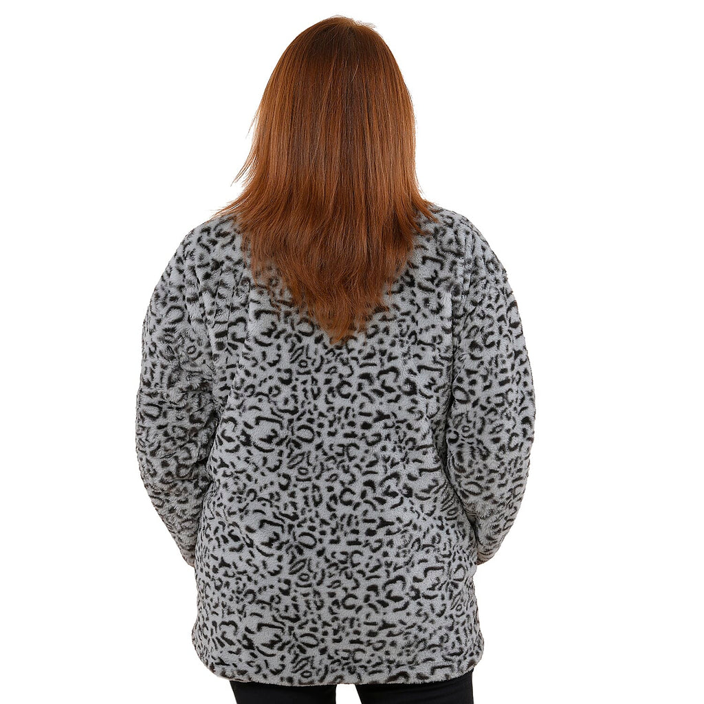 TAMSY Leopard Pattern Faux Fur Coat (Size XXL)  - Grey