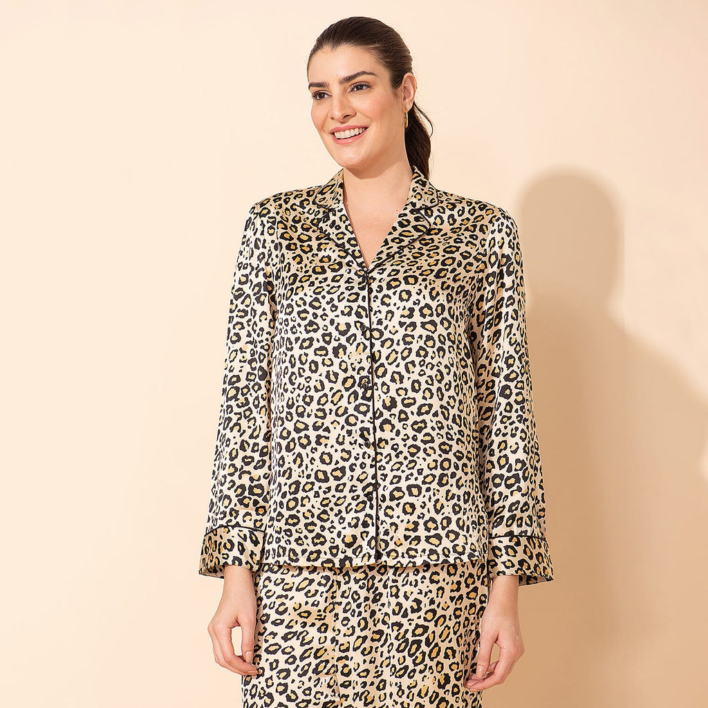 Doorbuster - TAMSY Leopard Pattern Silk Like Nightwear Set (Size M) - Champagne