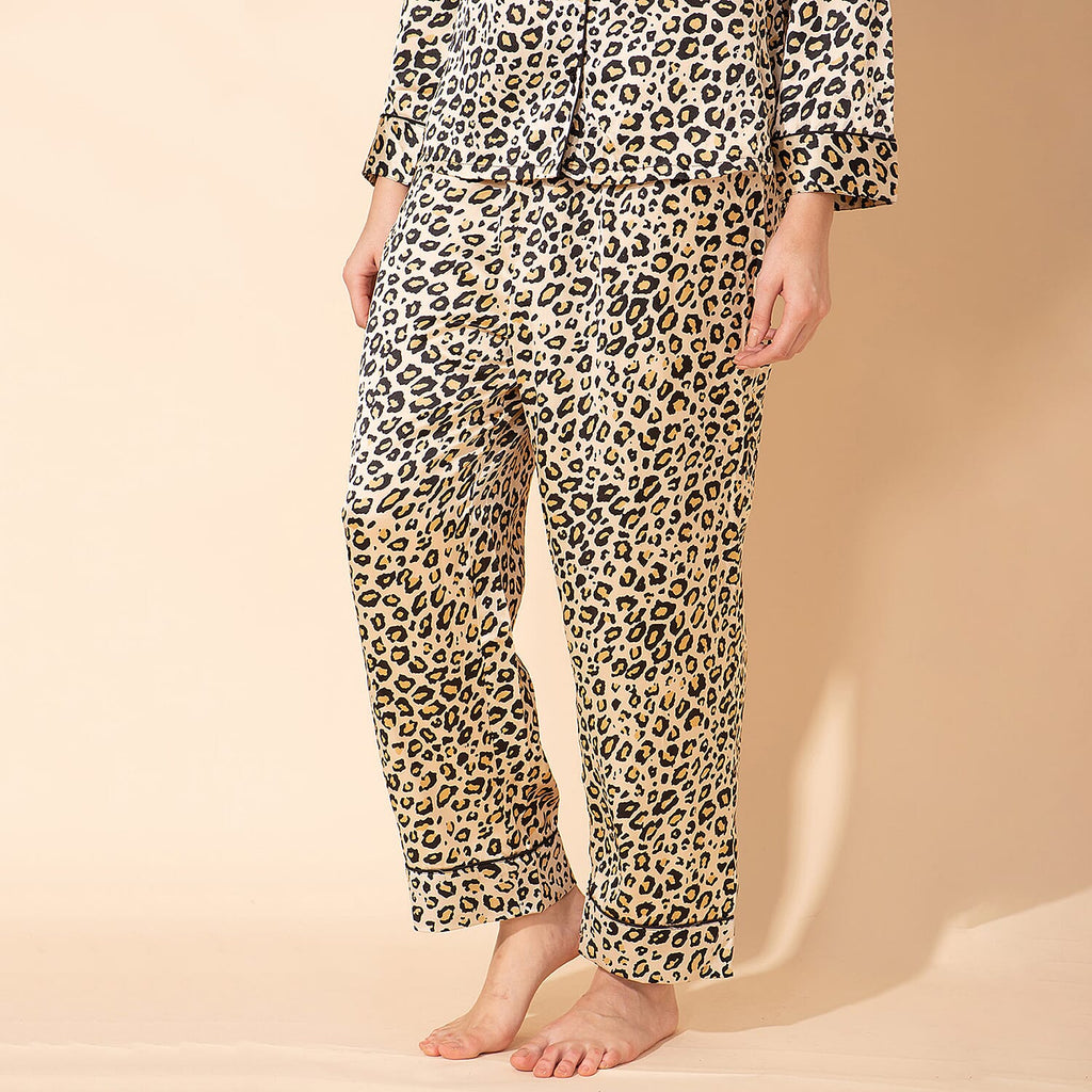 Doorbuster - TAMSY Leopard Pattern Silk Like Nightwear Set (Size M) - Champagne