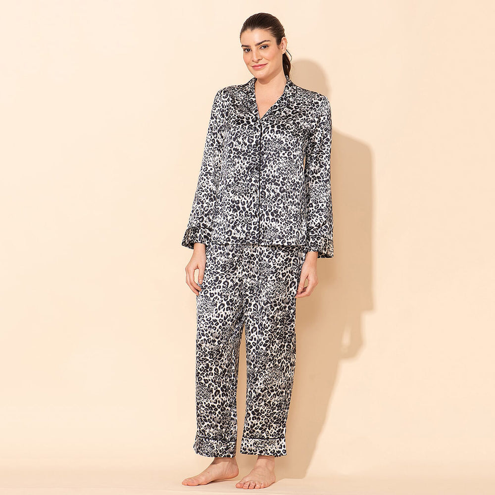 Doorbuster - TAMSY Leopard Pattern Silk Like Nightwear Set (Size XL) - Black & White