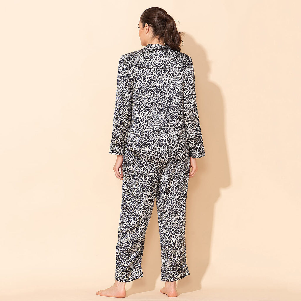 Doorbuster - TAMSY Leopard Pattern Silk Like Nightwear Set (Size XL) - Black & White