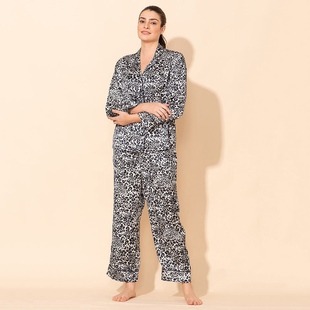 Doorbuster - TAMSY Leopard Pattern Silk Like Nightwear Set (Size XL) - Black & White