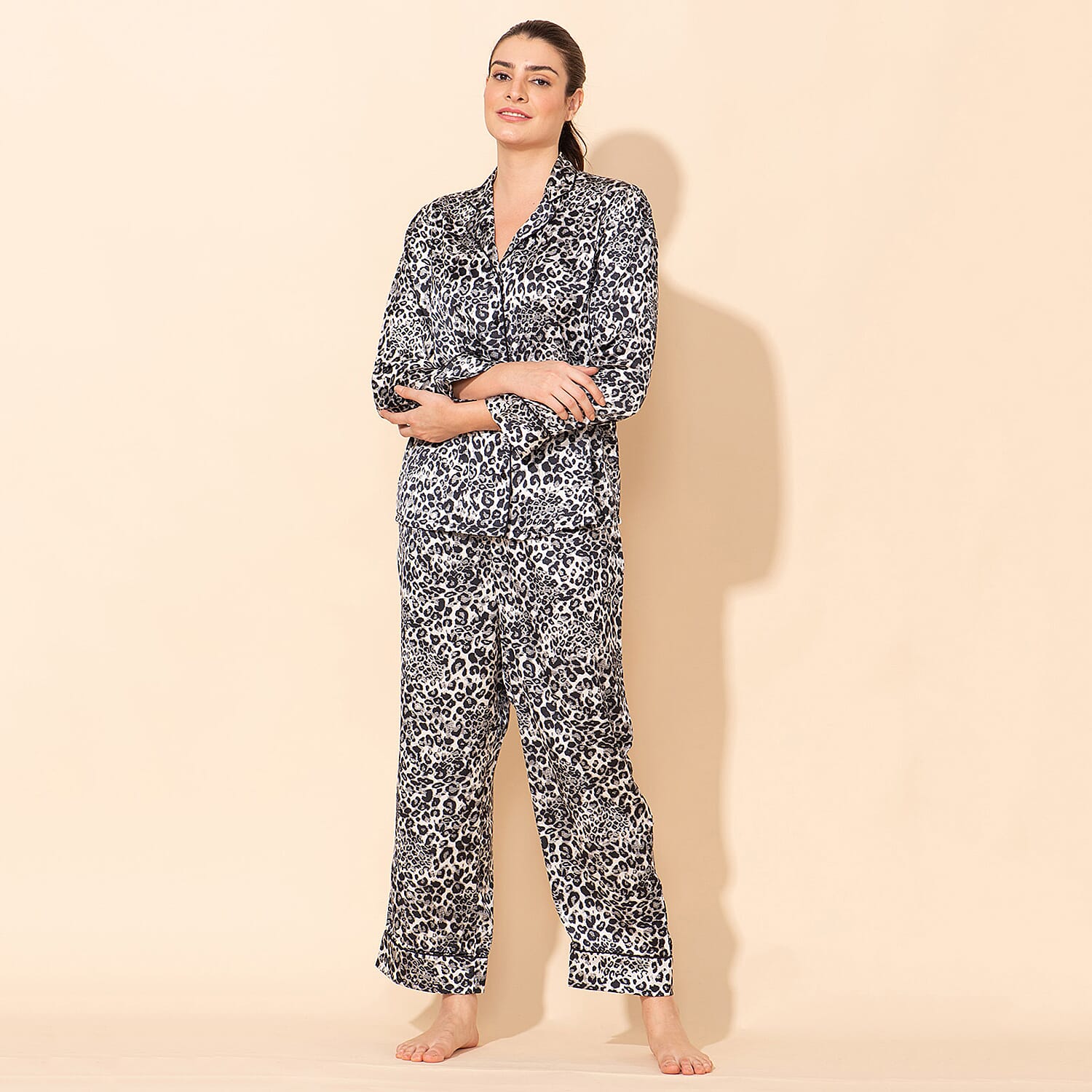 Doorbuster - TAMSY Leopard Pattern Silk Like Nightwear Set (Size XL) - Black & White
