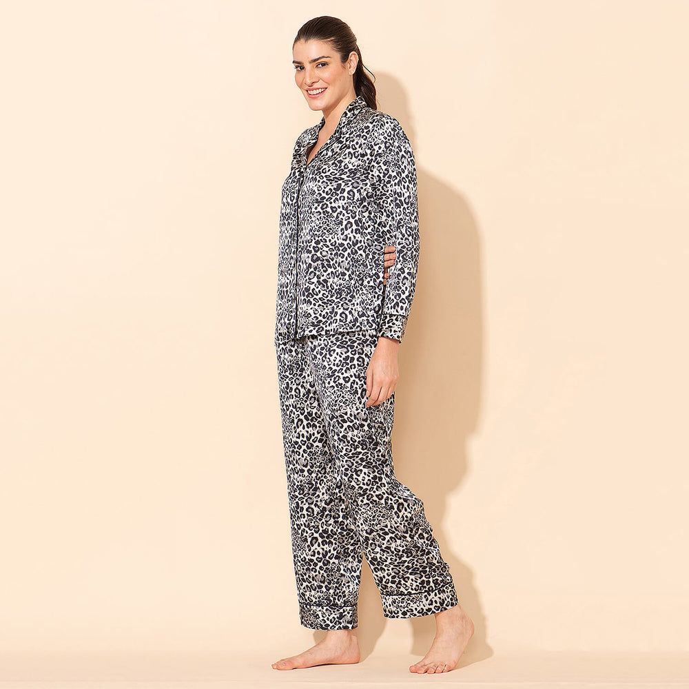 Doorbuster - TAMSY Leopard Pattern Silk Like Nightwear Set (Size XL) - Black & White