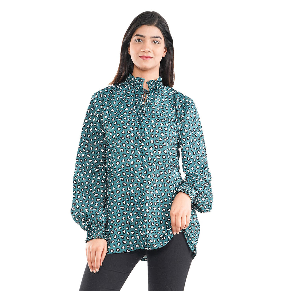 TAMSY Leopard Pattern Top (Size 8) - Green, Black - White