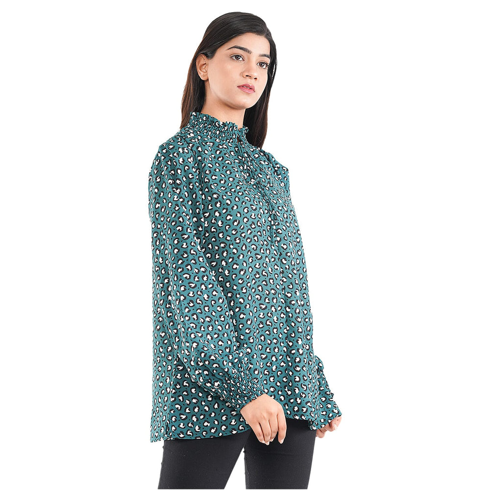 TAMSY Leopard Pattern Top (Size 8) - Green, Black - White