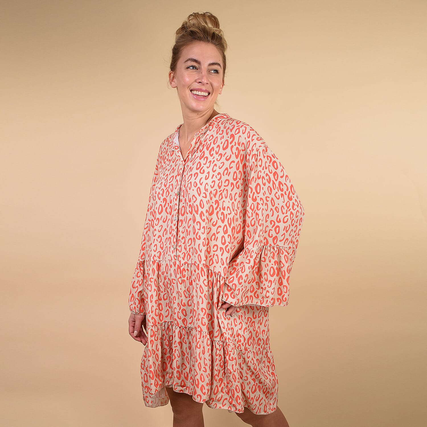 TAMSY 100% Viscose Digital Leopard Print Button Detail Smock Dress One Size, (Fits 8-20) - Coral