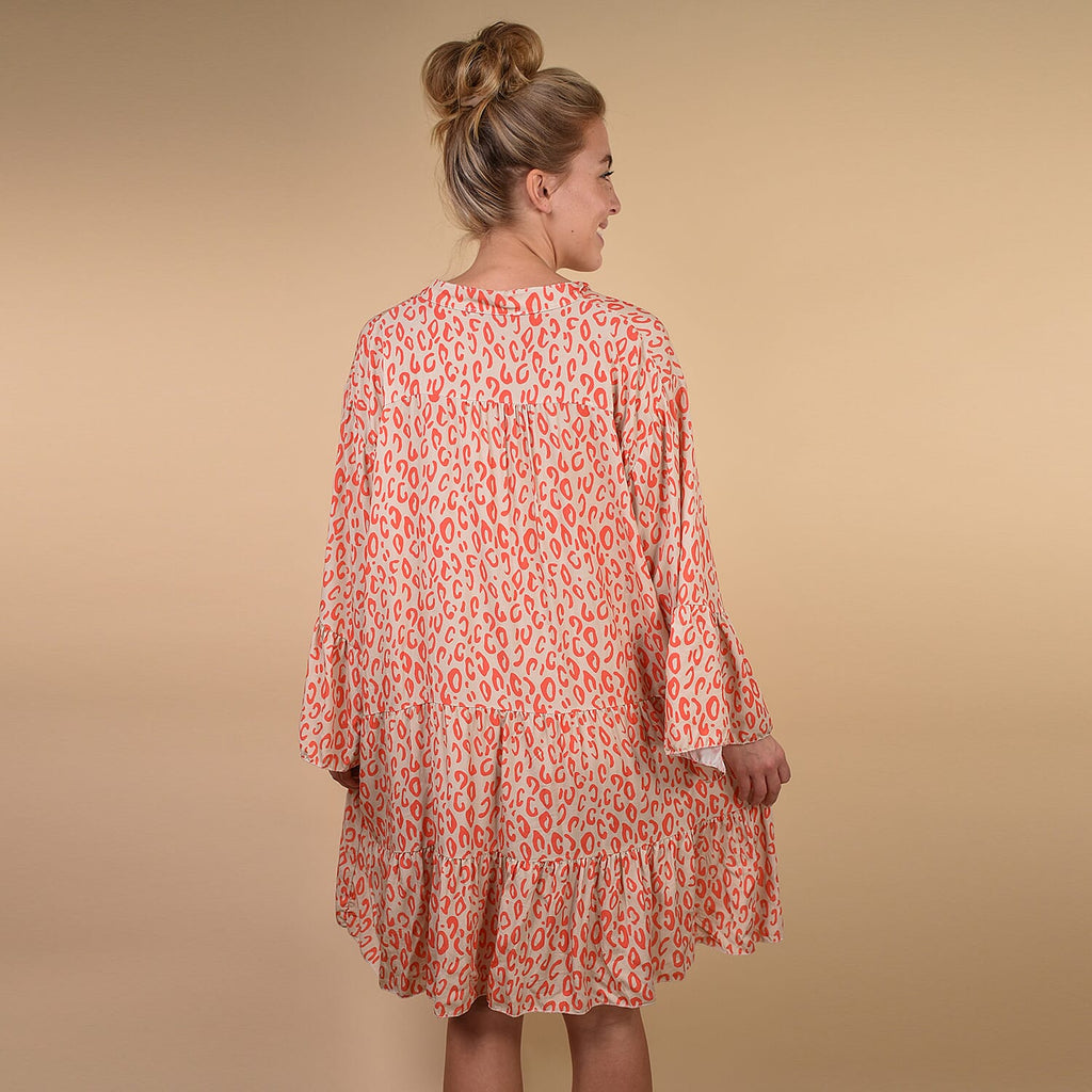 TAMSY 100% Viscose Digital Leopard Print Button Detail Smock Dress One Size, (Fits 8-20) - Coral