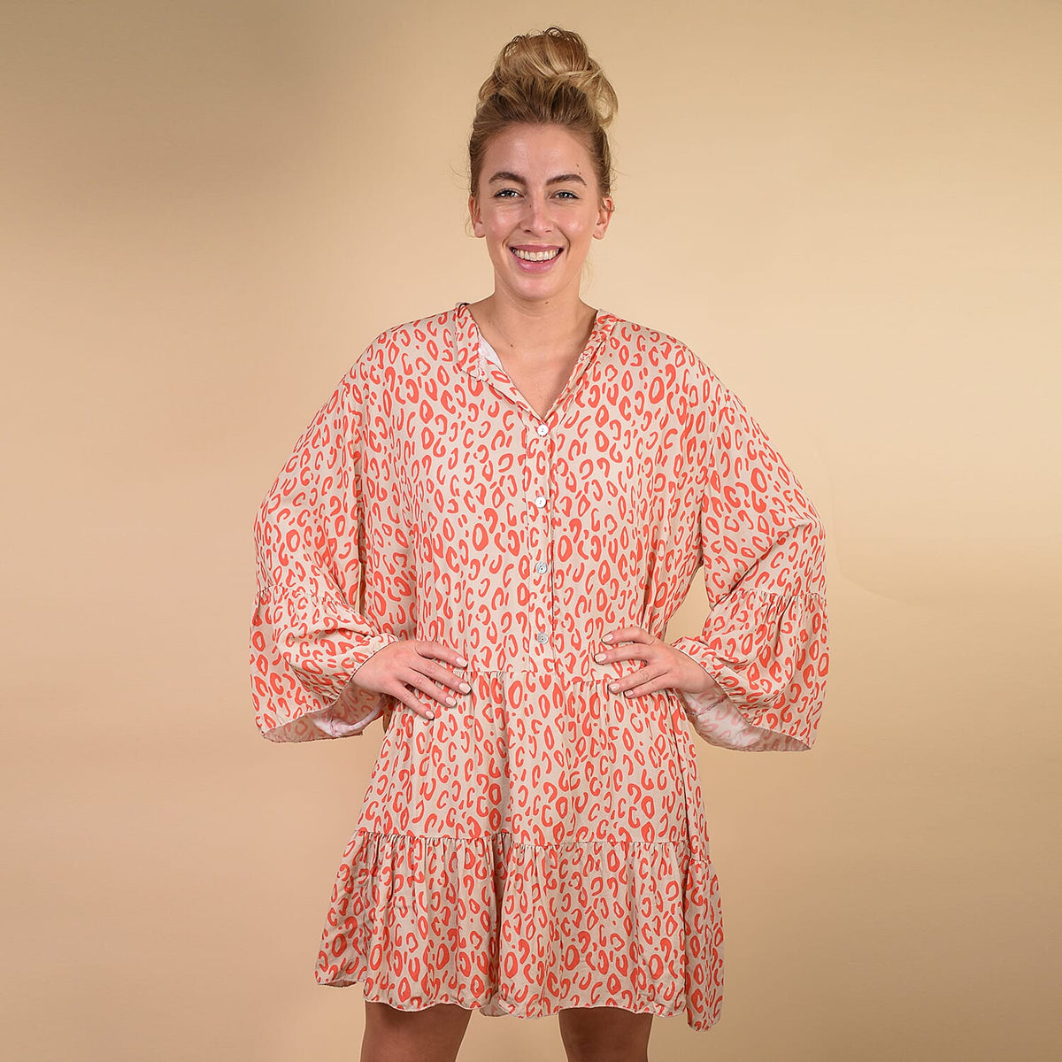TAMSY 100% Viscose Digital Leopard Print Button Detail Smock Dress One Size, (Fits 8-20)