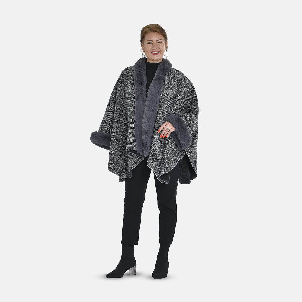 TAMSY Double Layer Knit Faux Fur Kimono - Grey