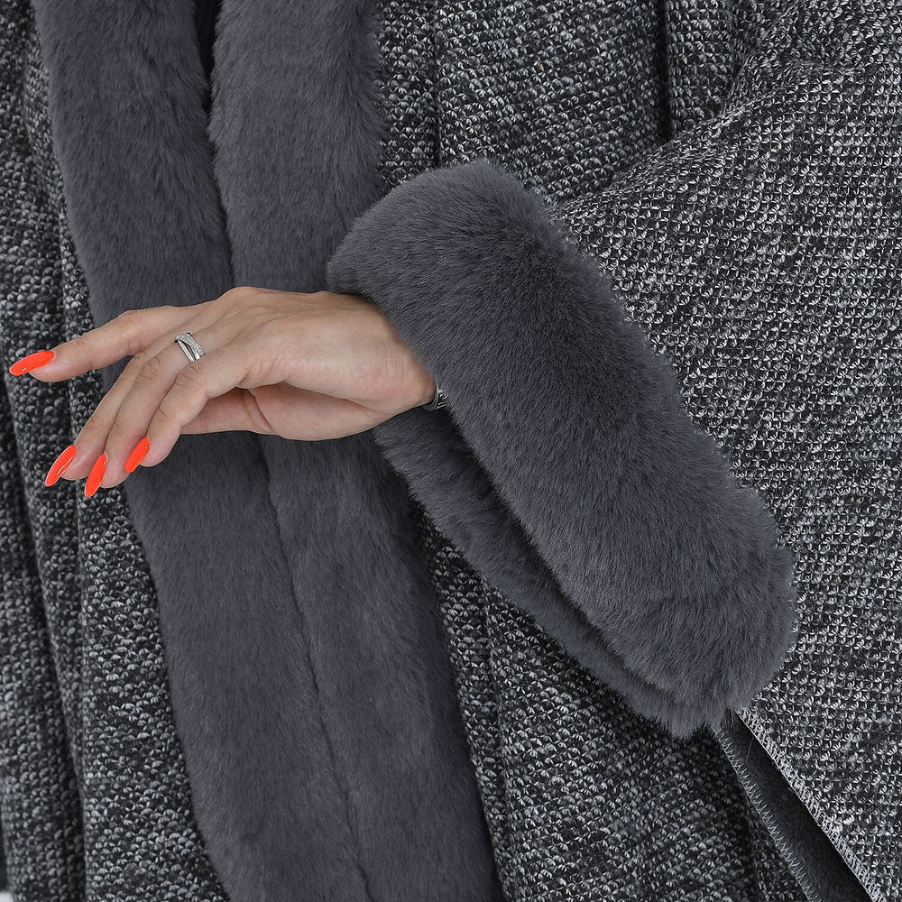 TAMSY Double Layer Knit Faux Fur Kimono - Grey