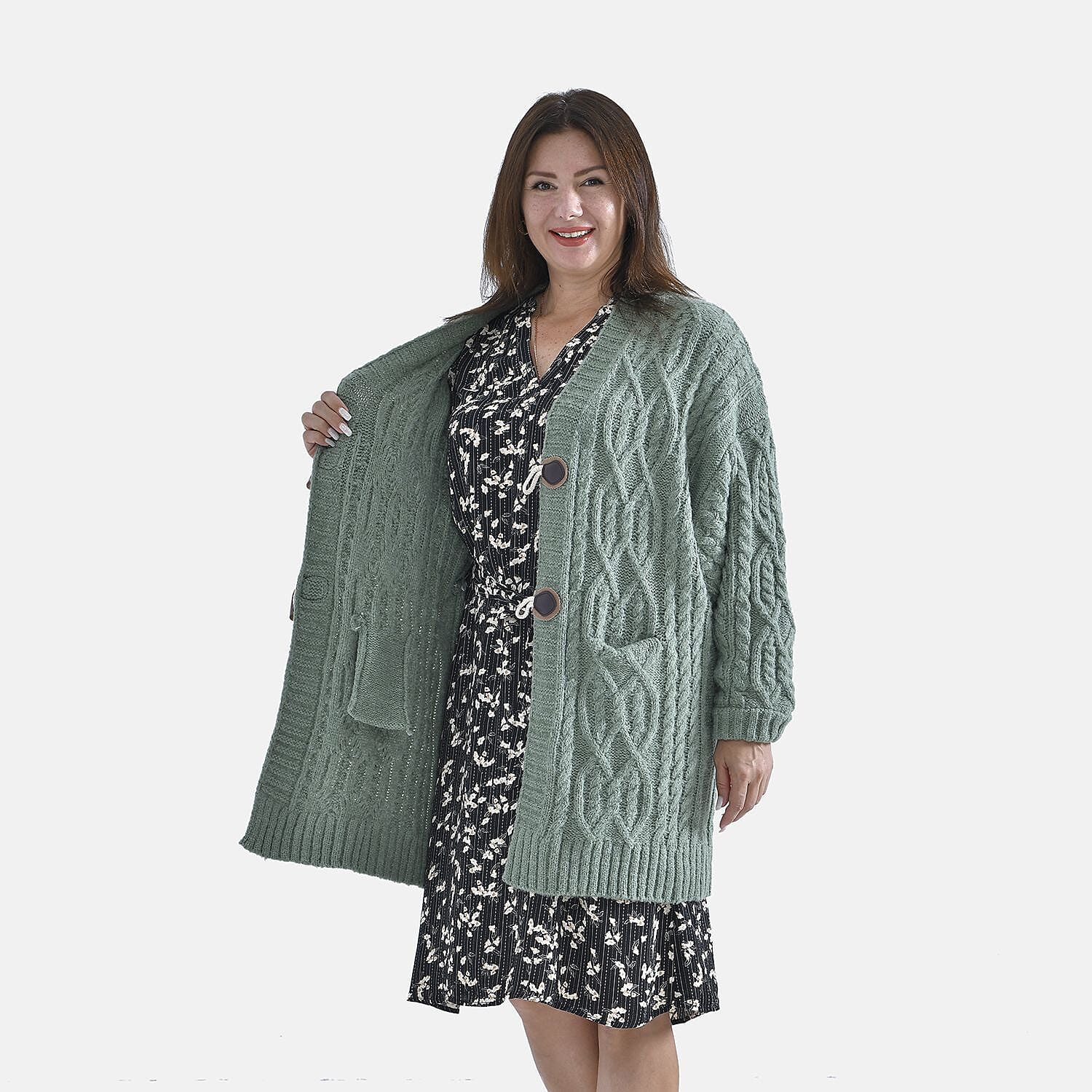 TAMSY Long Cardigan with Buttons (Size 8-22) - Olive Green