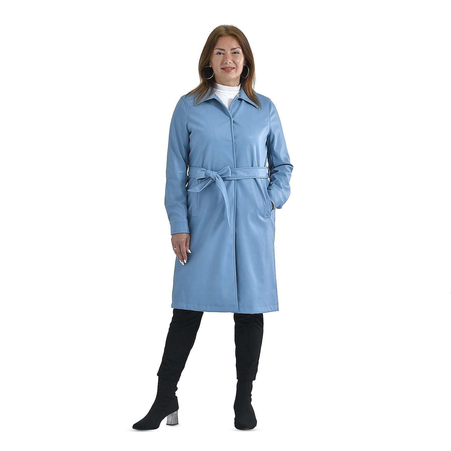 TAMSY Long Coat with Two Pockets and Adjustable Waist Belt (Size M,12-14) - Blue