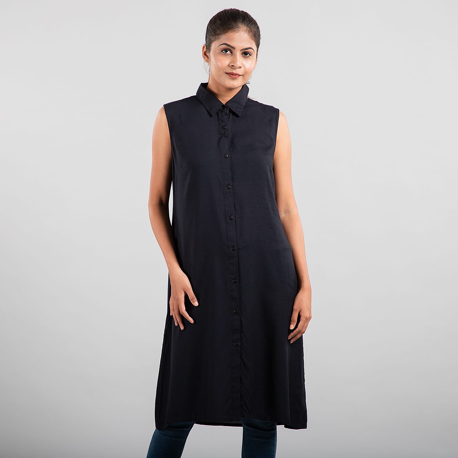 TAMSY 100% Viscose Long Length Sleeveless Top (Size-16) - Black