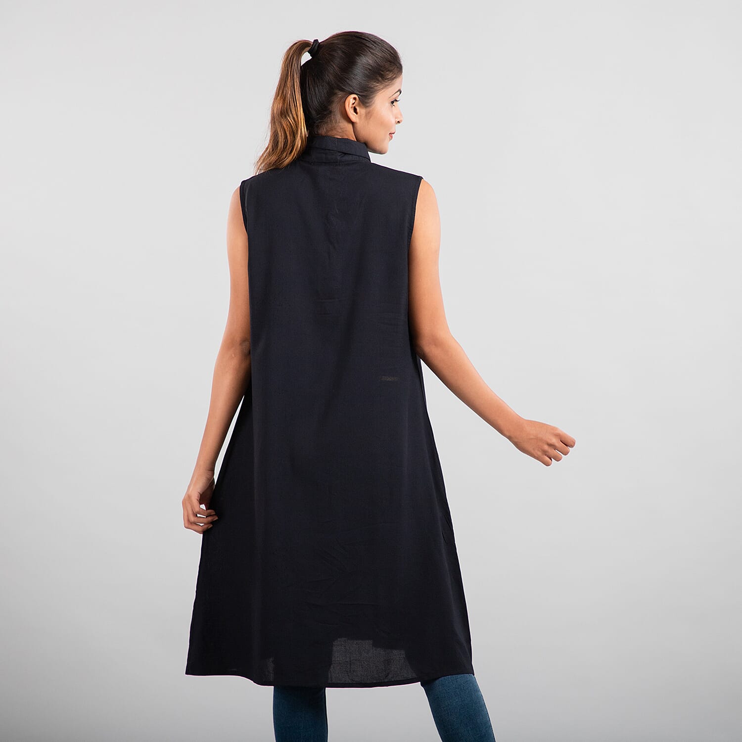 TAMSY 100% Viscose Long Length Sleeveless Top (Size-16) - Black