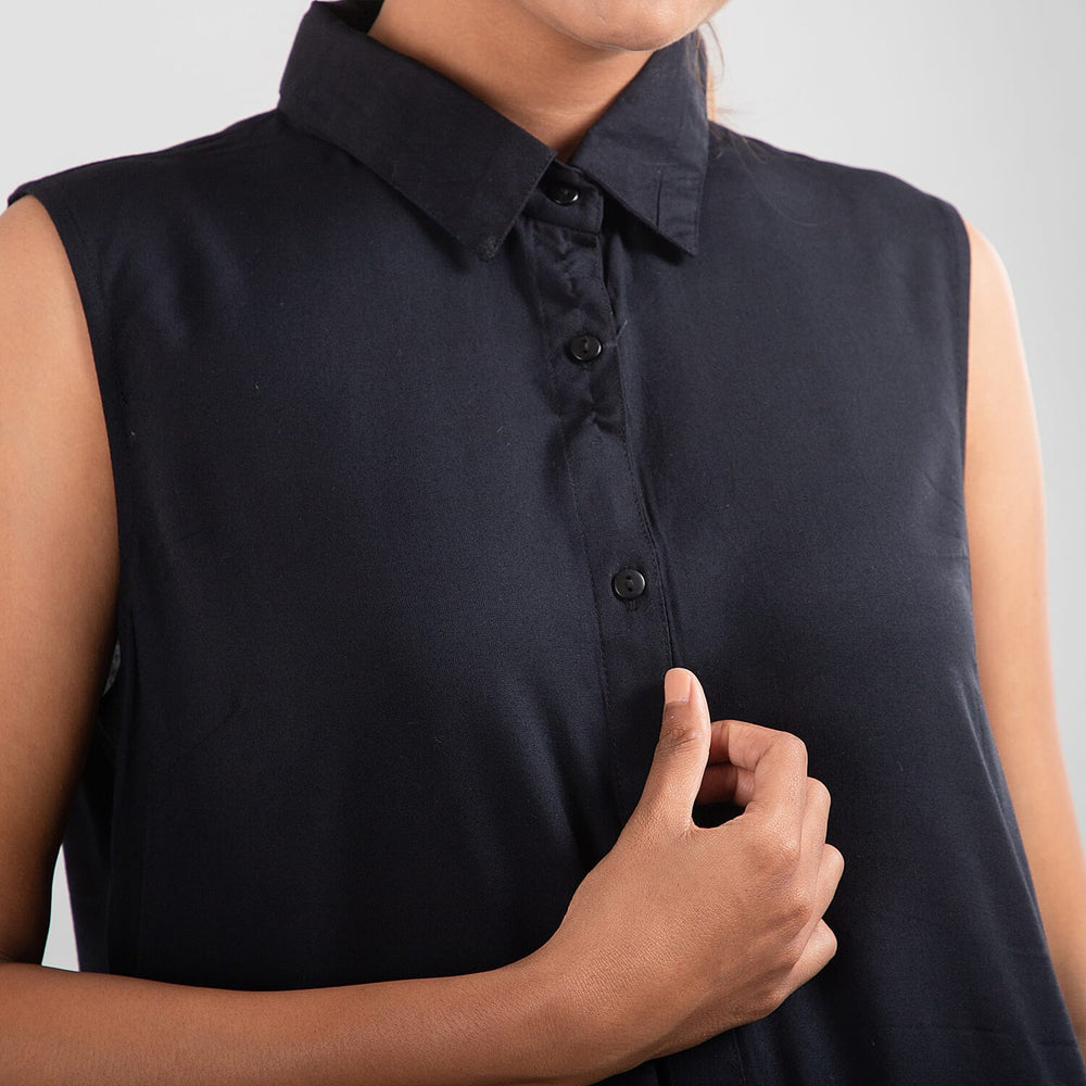 TAMSY 100% Viscose Long Length Sleeveless Top (Size-16) - Black