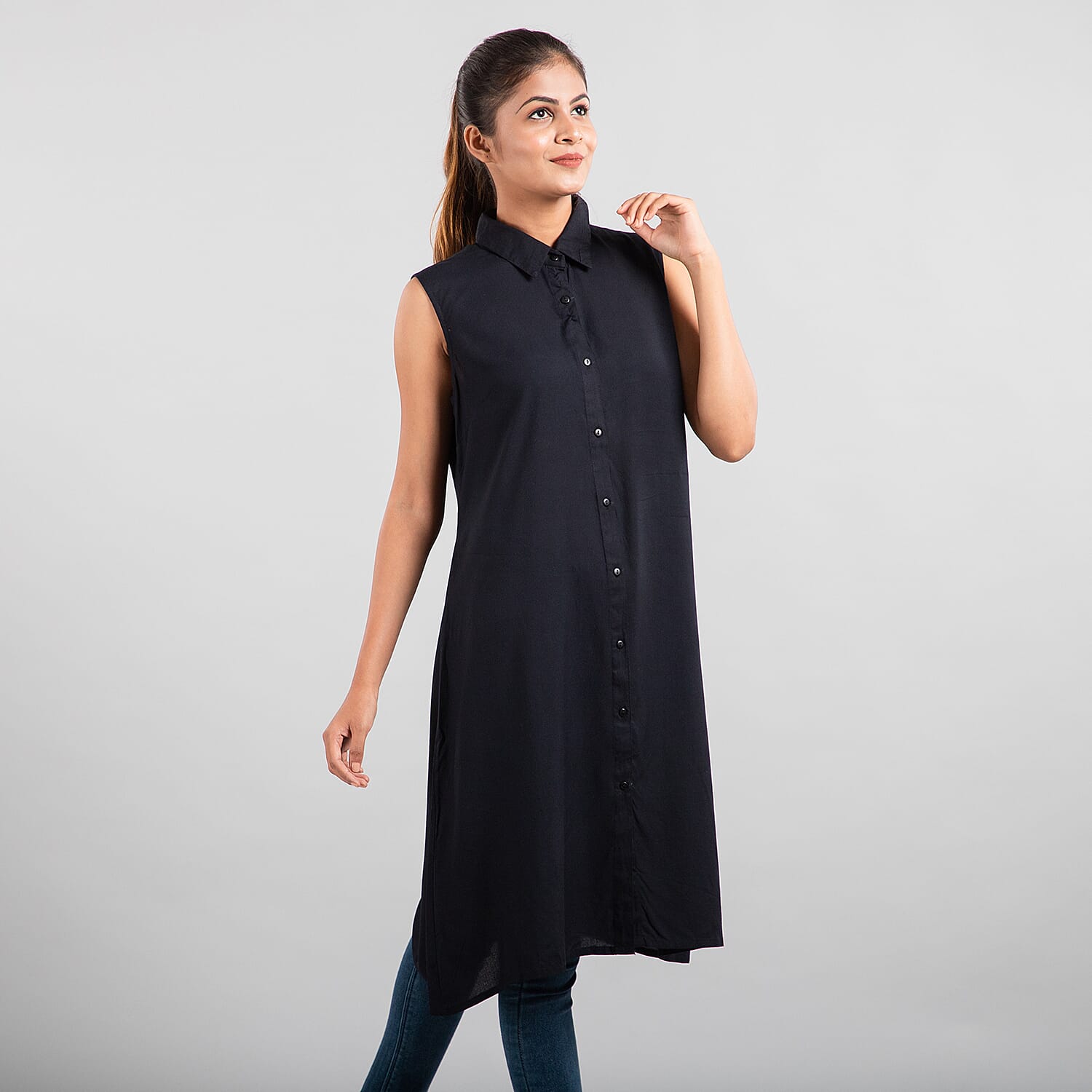 TAMSY 100% Viscose Long Length Sleeveless Top (Size-18) - Black