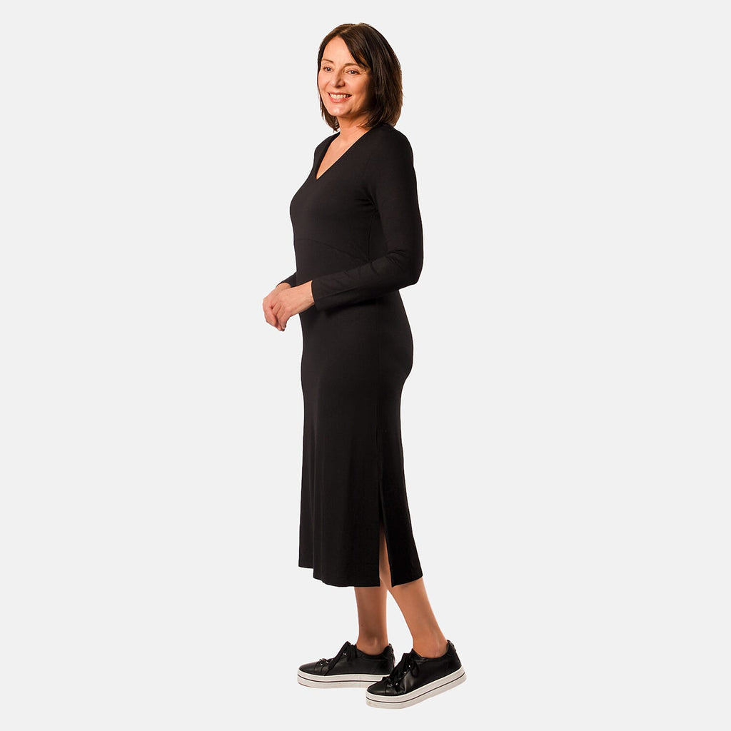 TAMSY Long Sleeve V - Neck Full Sleeves Dress (Size XXL) - Black