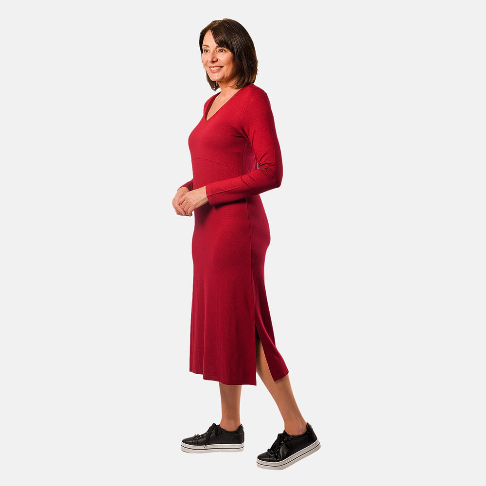 TAMSY Long Sleeve V - Neck Full Sleeves Dress (Size XXL) - Cranberry