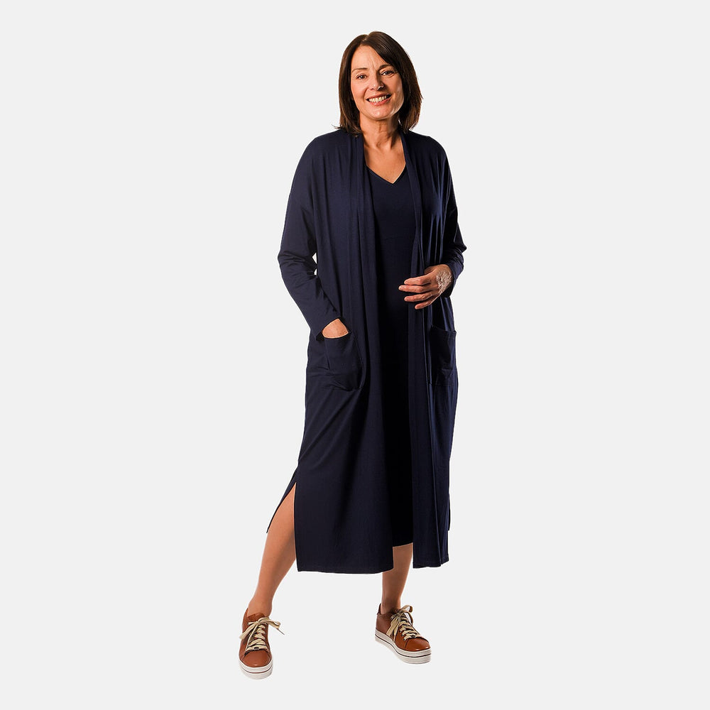 Long Sleeve V - Neck Full Sleeves Dress (Size XL) - Navy Blue
