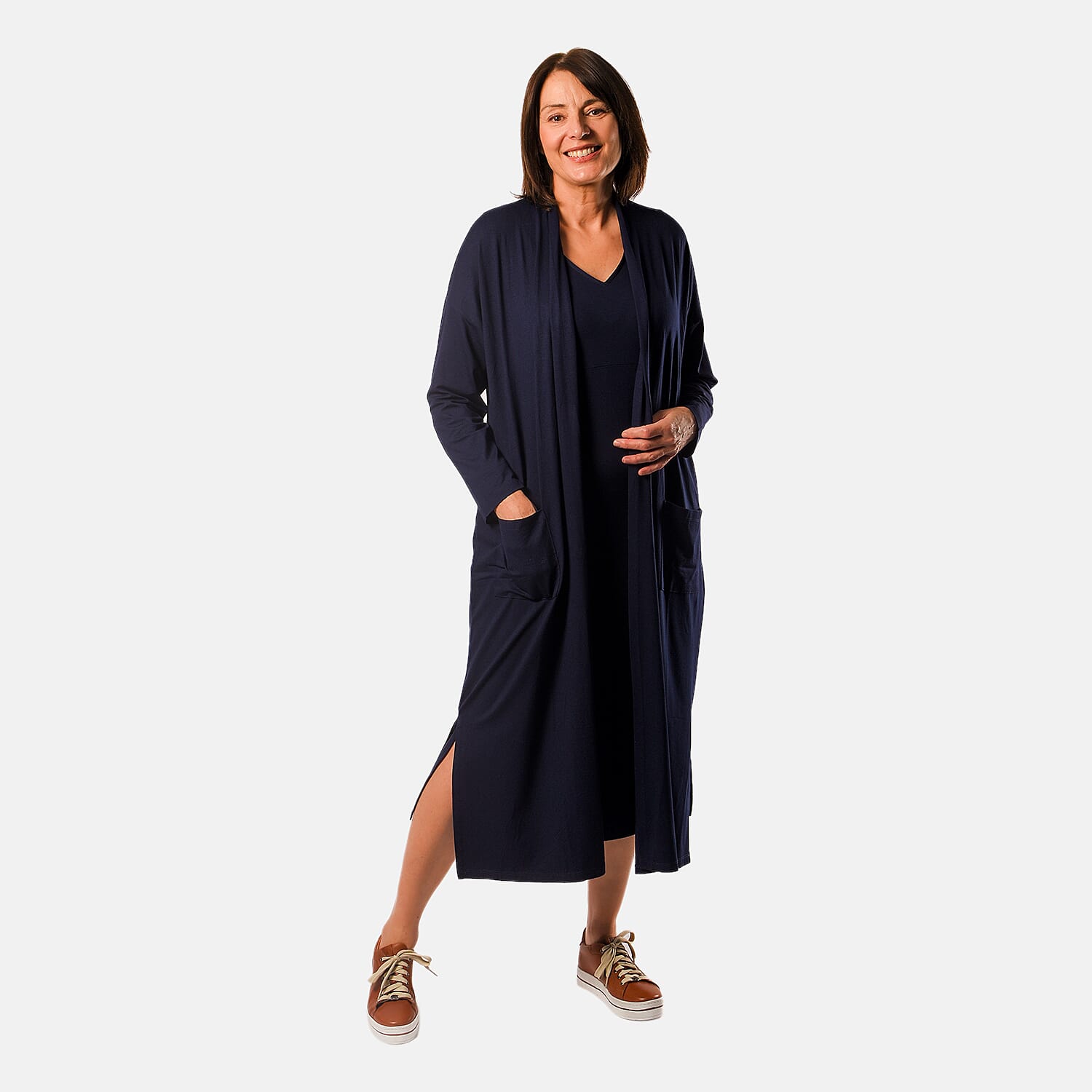 TAMSY Long Sleeve V - Neck Full Sleeves Dress (Size XXL) - Navy Blue