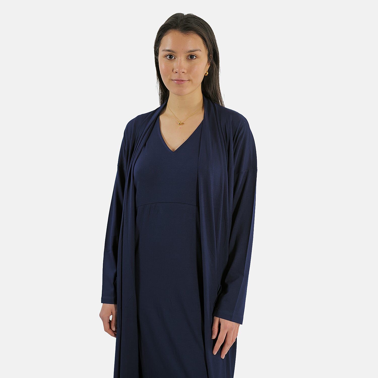 TAMSY Long Viscose Jersey Cardigan with Pocket (Size M,12-14) - Navy Blue