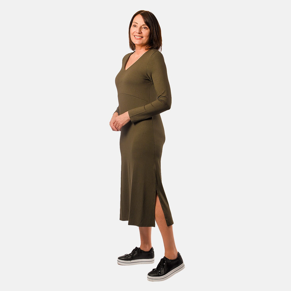 V - Neck Long Sleeves Midi Dress with Pocket (Size M) - Olive Green