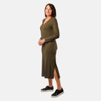 V - Neck Long Sleeves Midi Dress with Pocket (Size S) - Olive Green