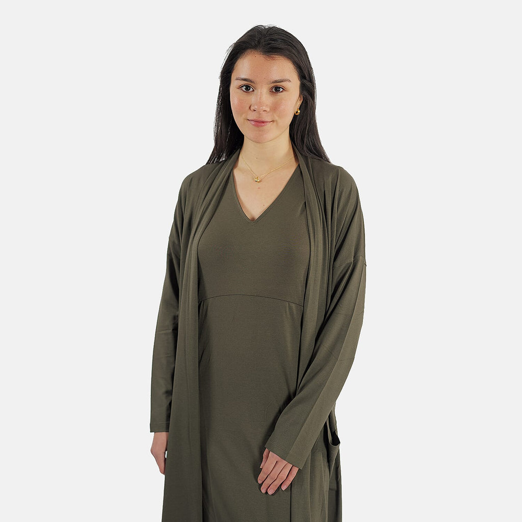 TAMSY Long Viscose Jersey Cardigan with Pocket (Size XL,20-22) - Olive Green