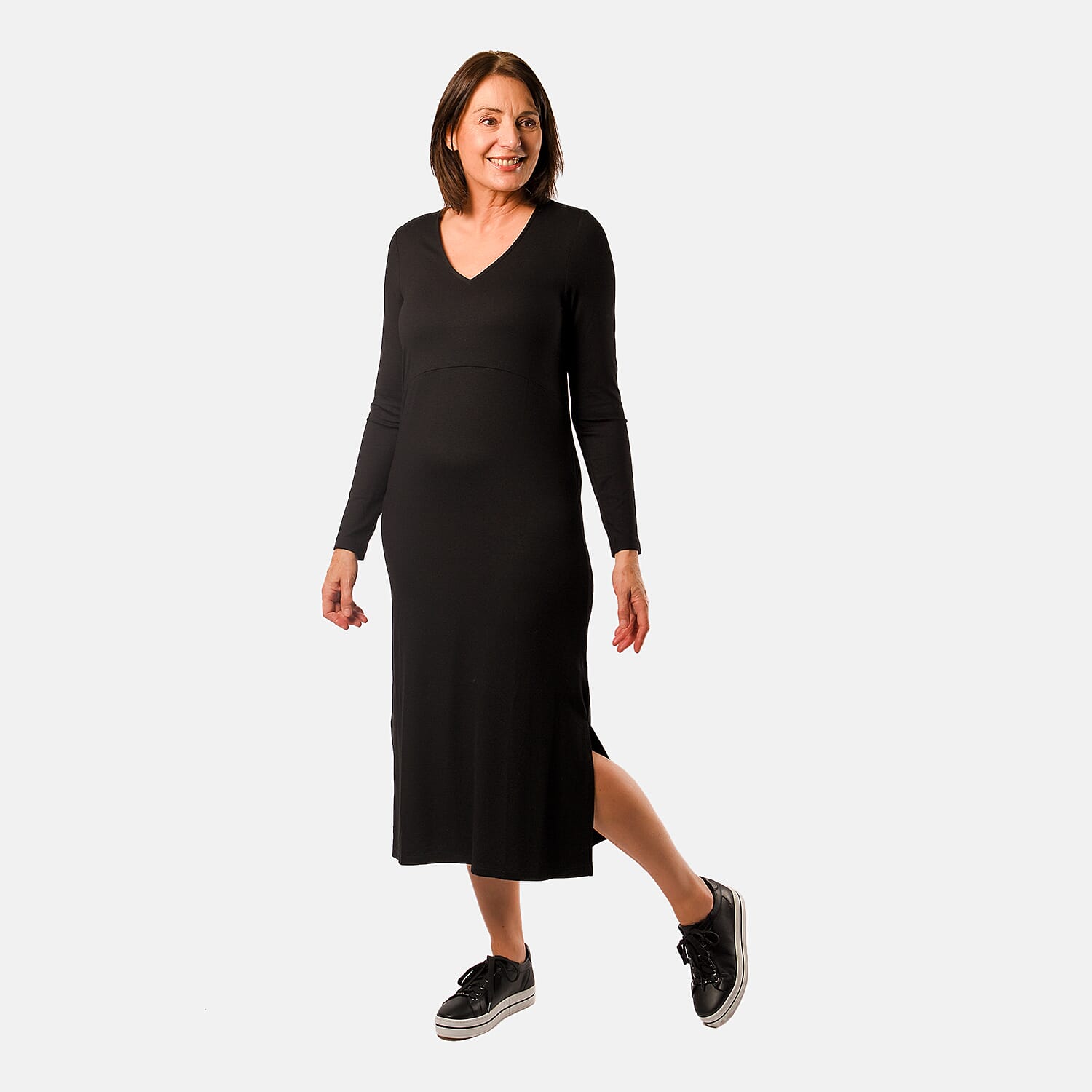 TAMSY Long Sleeve V - Neck Full Sleeves Dress (Size XXL) - Black