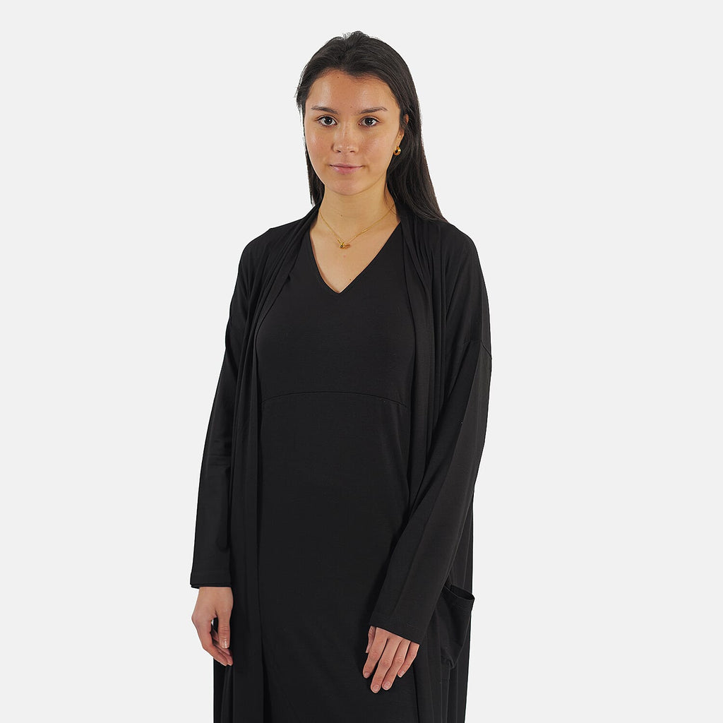 TAMSY Long Viscose Jersey Cardigan with Pocket (Size XXL,24-26) - Black