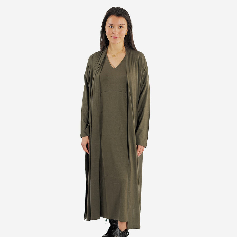 TAMSY Long Viscose Jersey Cardigan with Pocket (Size XXL,24-26) - Olive Green