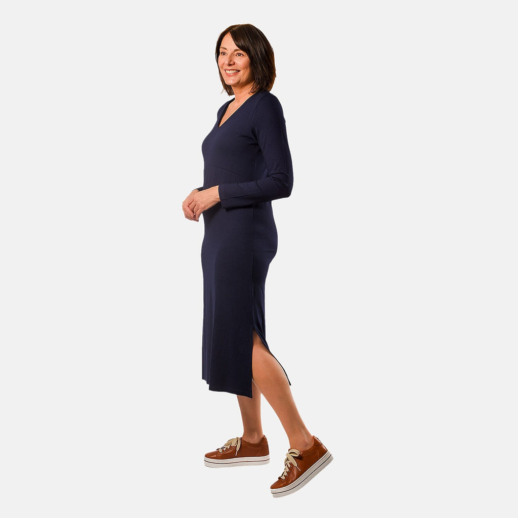 TAMSY Long Sleeve V - Neck Full Sleeves Dress (Size XXL) - Navy Blue