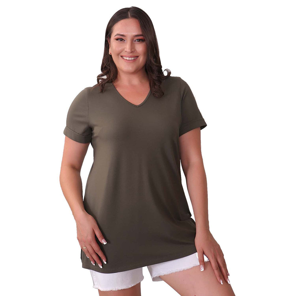 TAMSY Long Solid Coloured Tunic Top (Size M,12-14) - Khaki