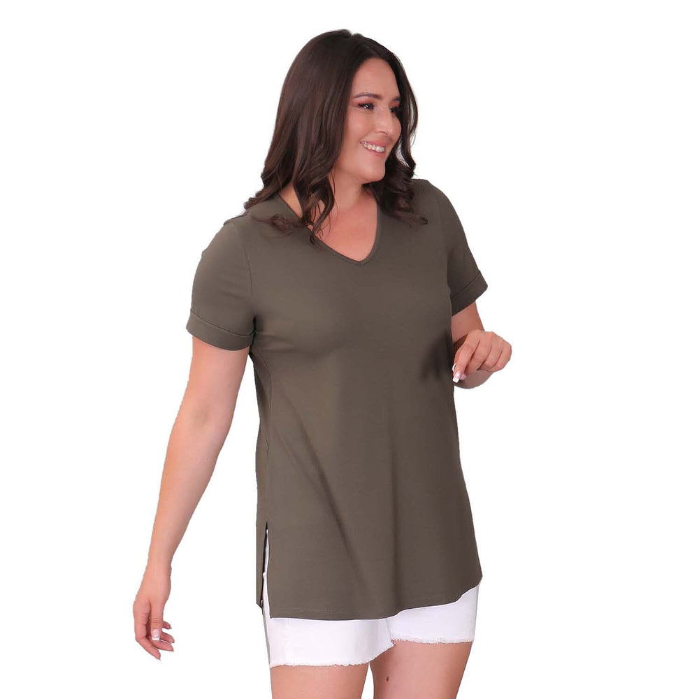 TAMSY Long Solid Coloured Tunic Top (Size M,12-14) - Khaki