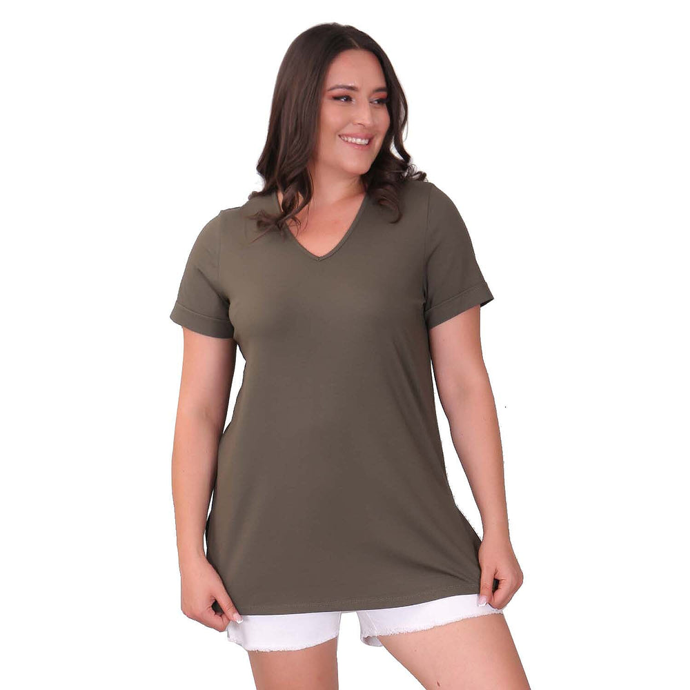 TAMSY Long Solid Coloured Tunic Top (Size M,12-14) - Khaki
