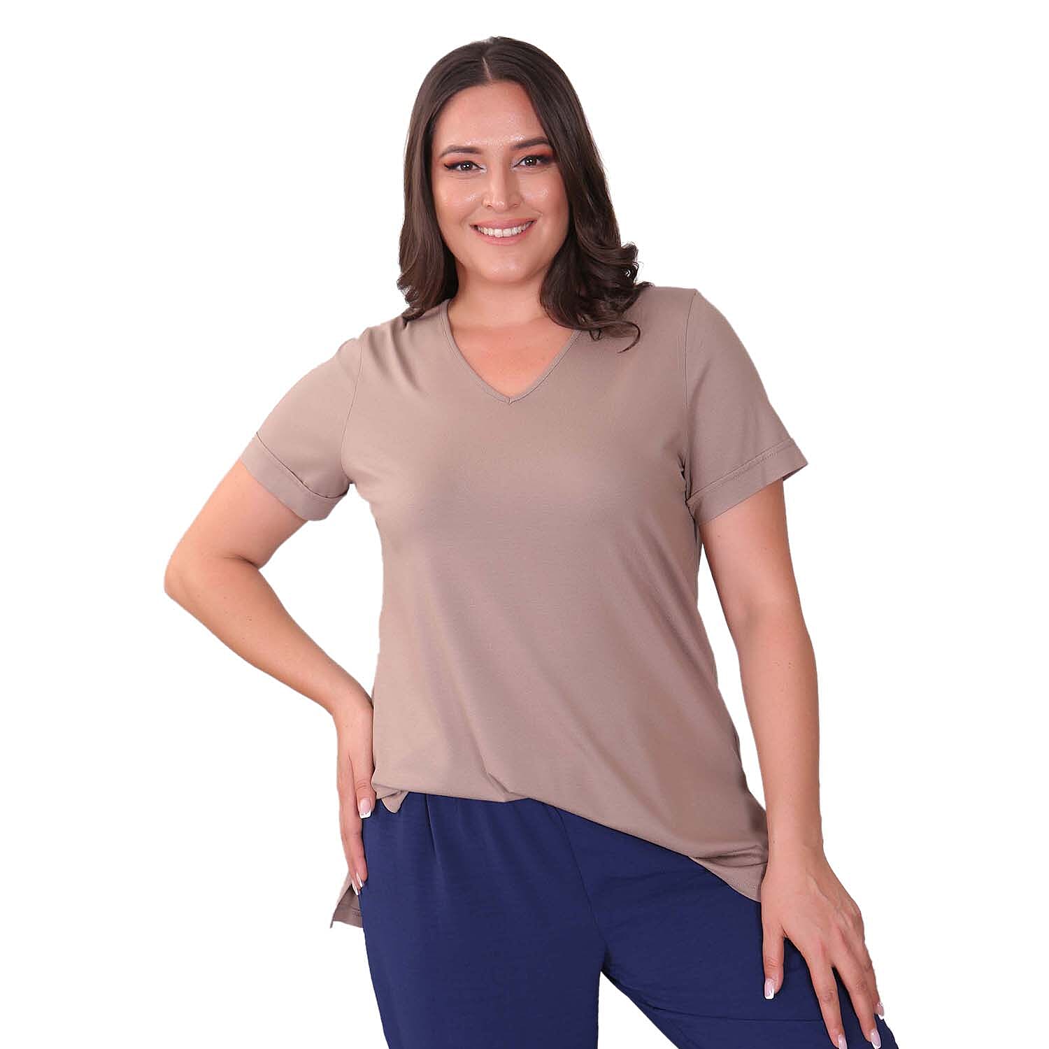 TAMSY Long Solid Colour Viscose Tunic Top (Size M,12-14) - Stone Colour