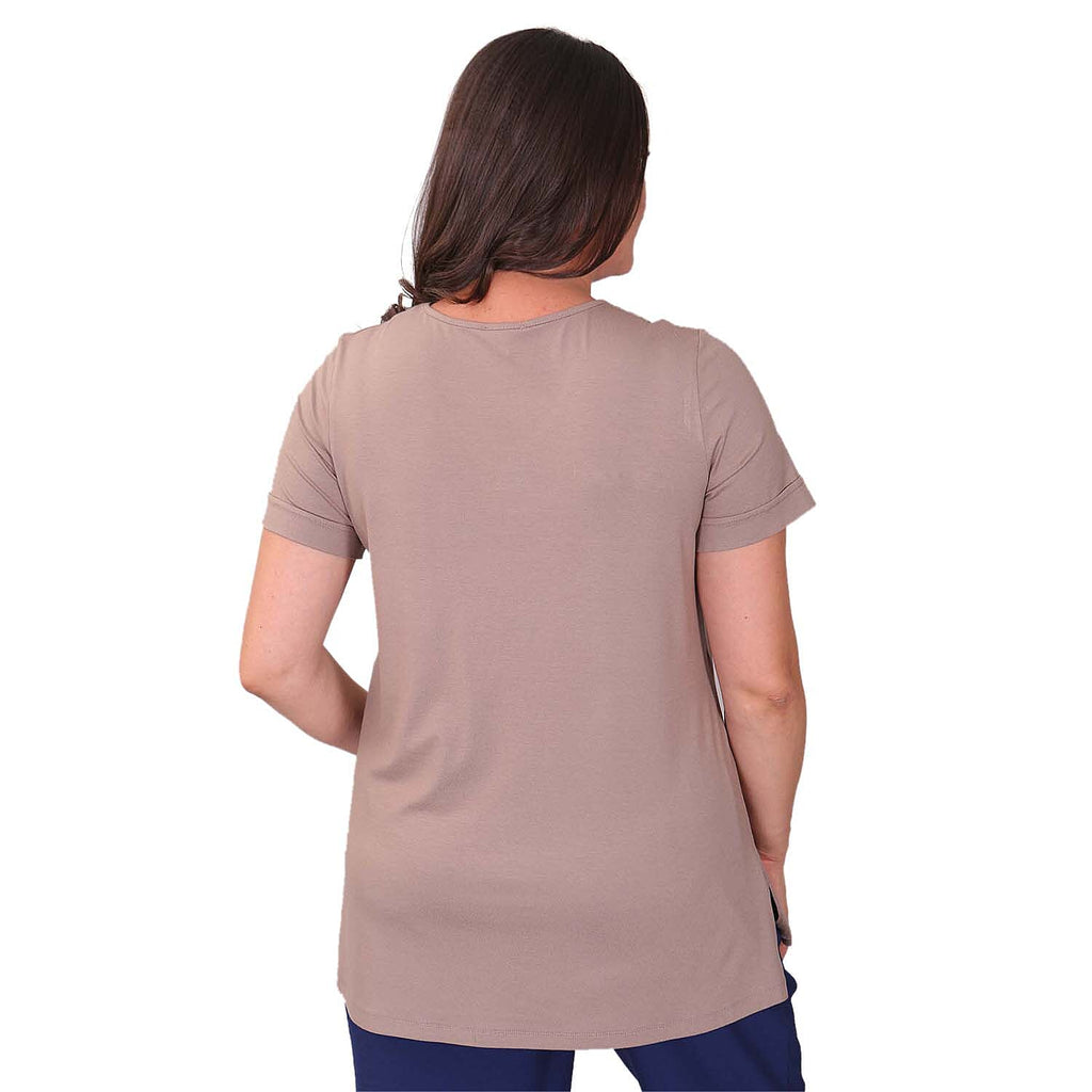 TAMSY Long Solid Colour Viscose Tunic Top (Size M,12-14) - Stone Colour