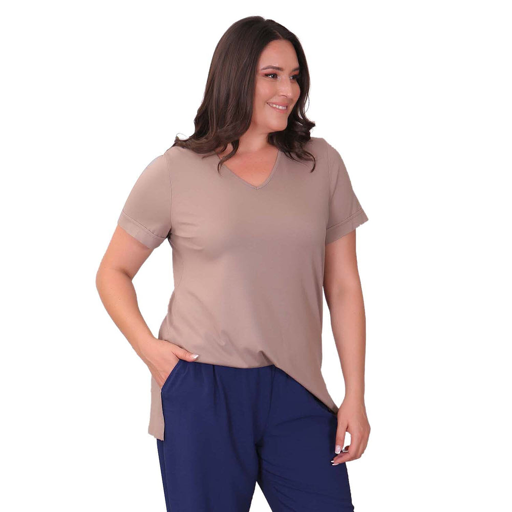 TAMSY Long Solid Colour Viscose Tunic Top (Size M,12-14) - Stone Colour